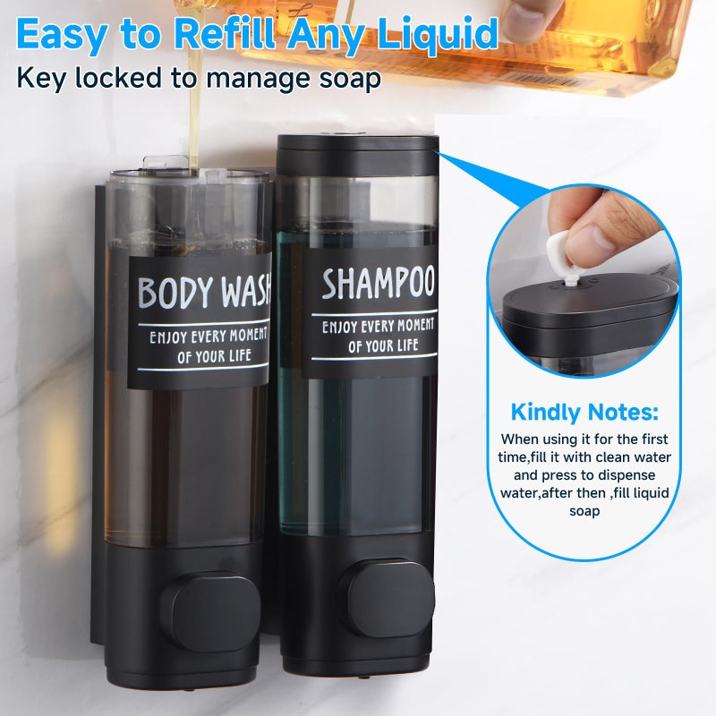 GlintGath Shampoo and Conditioner Dispenser GlintGath Shower Dispenser 2 Chamber No Drill Shampoo Dispenser for Shower Wall Mounted Shower Soap Dispenser for Bathroom Hotel 2 * 300ML Matte Black - Image 4